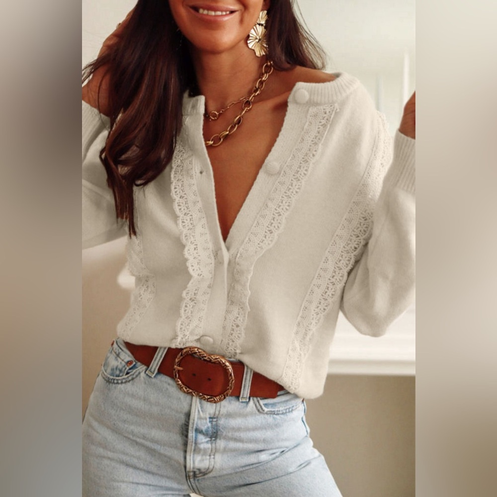 Aurora - lace trim ribbed round neck button up cardigan - Picture 4 of 4